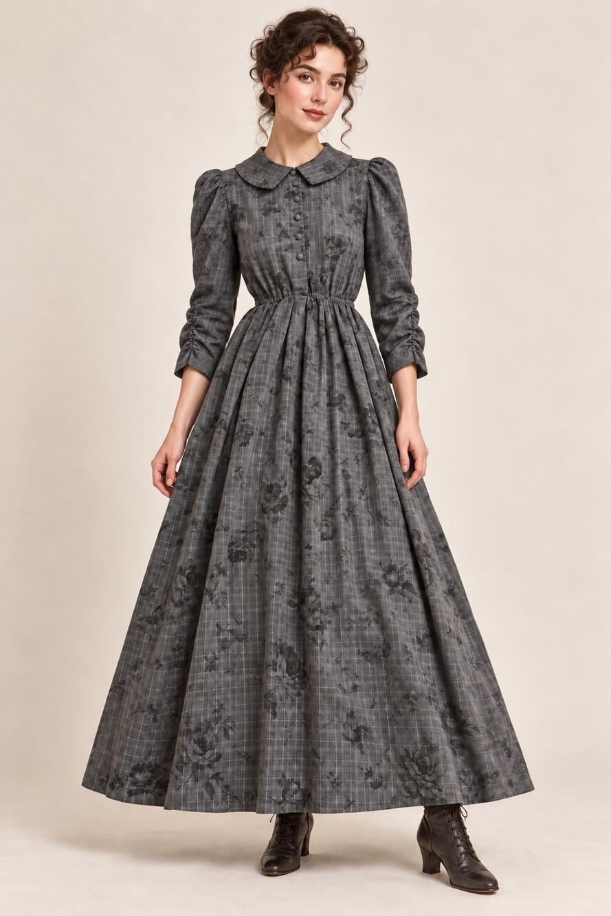 Vintage 80s Handmade Victorian Revival Gray Floral Plaid Prairie Maxi Dress Sz S